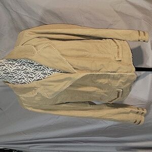 Khaki Jacket Frayed Edges Gold Accents Casual Chic Neutral Tones‎